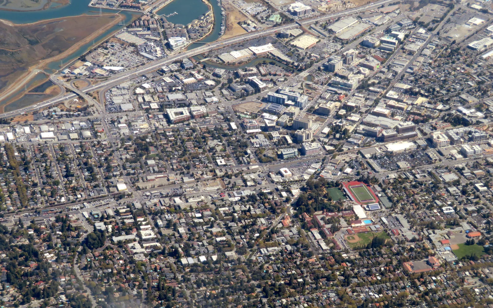 Aerial photograph of Redwood City and surrounding residential neighborhoods on the San Francisco Peninsula