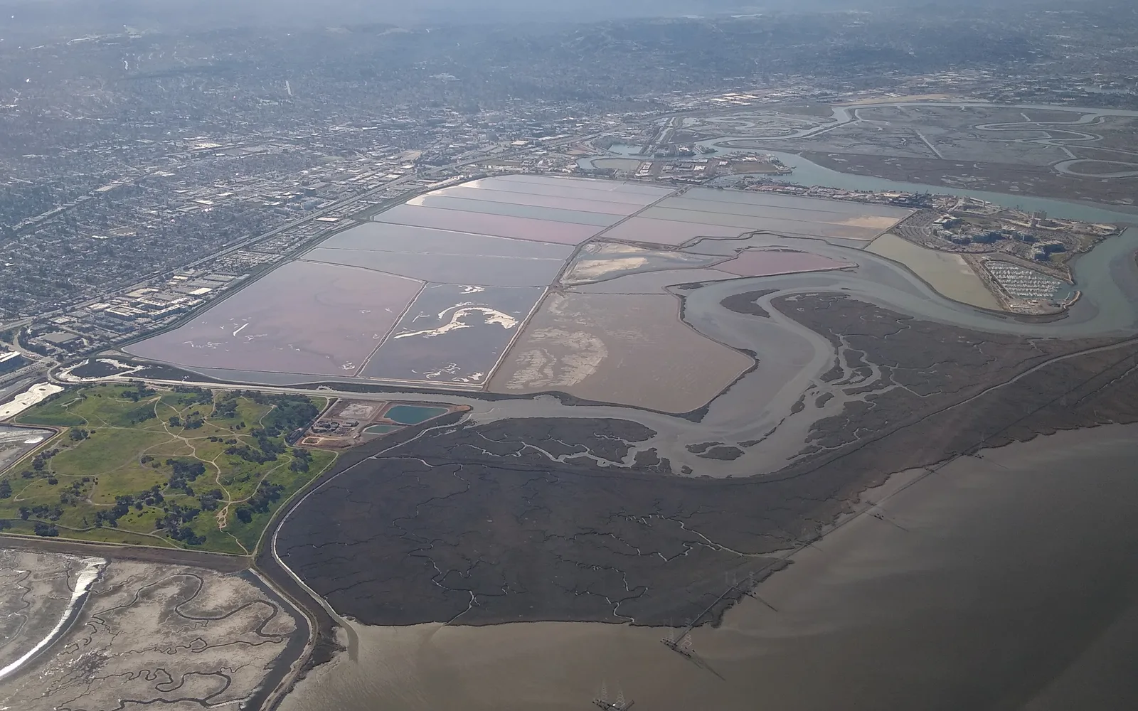 Aerial view of Westpoint Harbor on San Francisco Bay near Redwood City, showing boats and the bay landscape